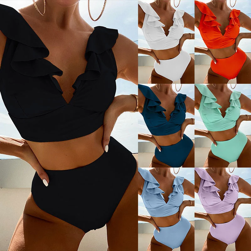 Damen Bikiniset mit voluminösen Rüschendetails und hoch geschnittenem Slip