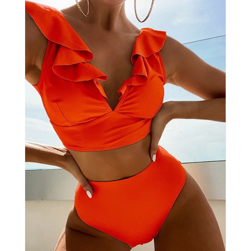 Damen Bikiniset mit voluminösen Rüschendetails und hoch geschnittenem Slip