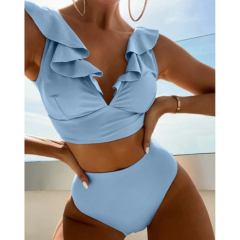 Damen Bikiniset mit voluminösen Rüschendetails und hoch geschnittenem Slip