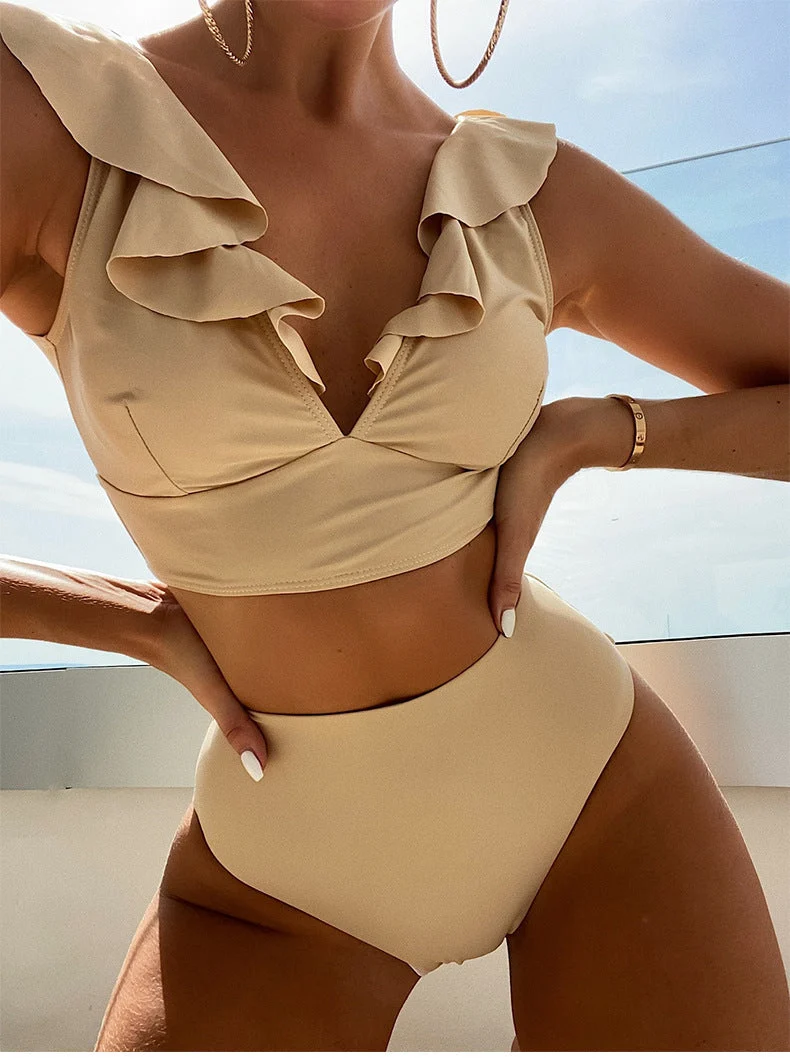Damen Bikiniset mit voluminösen Rüschendetails und hoch geschnittenem Slip