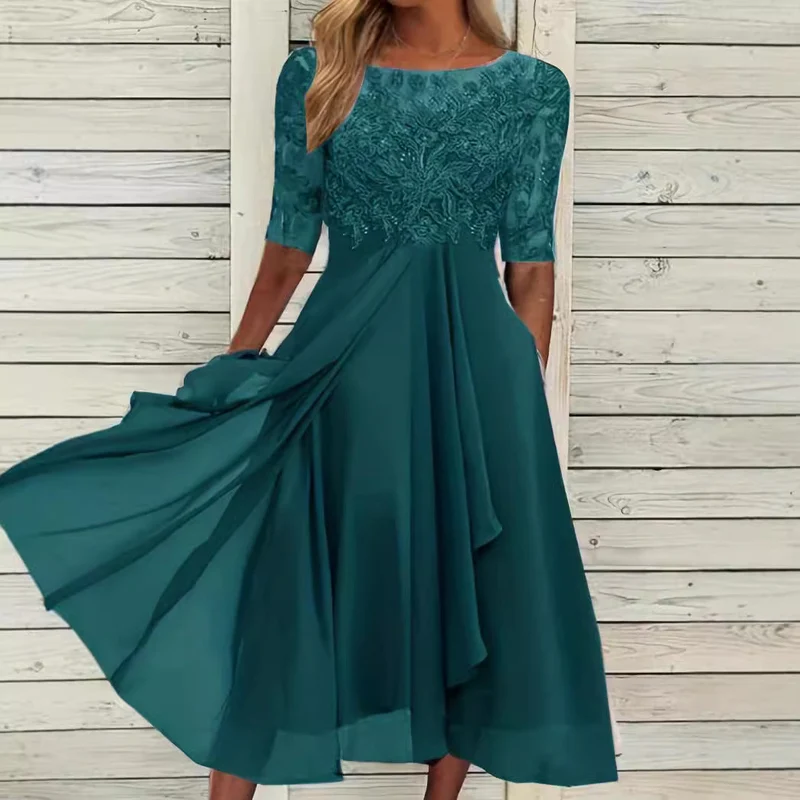 Damen nan elegantes Cocktailkleid mit bestickter Korsage, U-Boot-Ausschnitt und fließendem Chiffonrock
