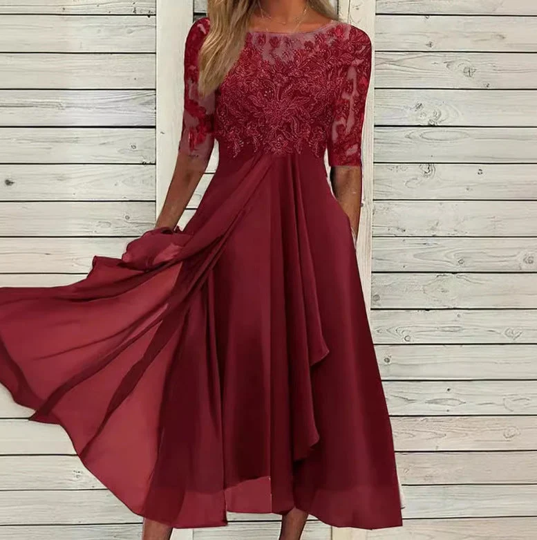 Damen nan elegantes Cocktailkleid mit bestickter Korsage, U-Boot-Ausschnitt und fließendem Chiffonrock