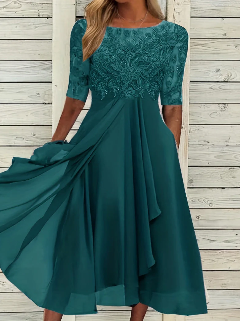 Damen nan elegantes Cocktailkleid mit bestickter Korsage, U-Boot-Ausschnitt und fließendem Chiffonrock