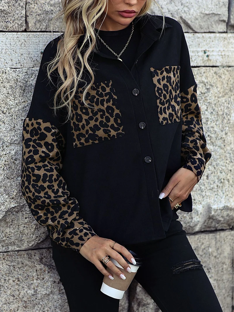 Leopard Print Knopf-abgesetzte Schulterjacke