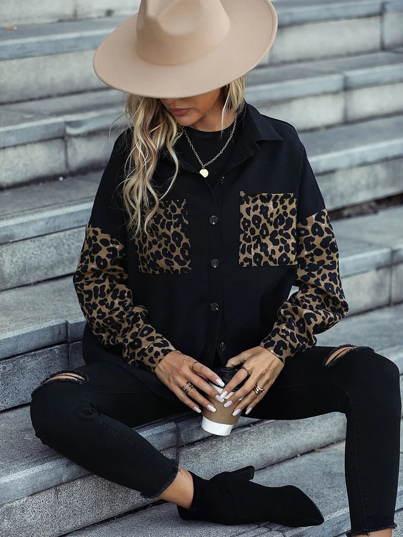 Leopard Print Knopf-abgesetzte Schulterjacke