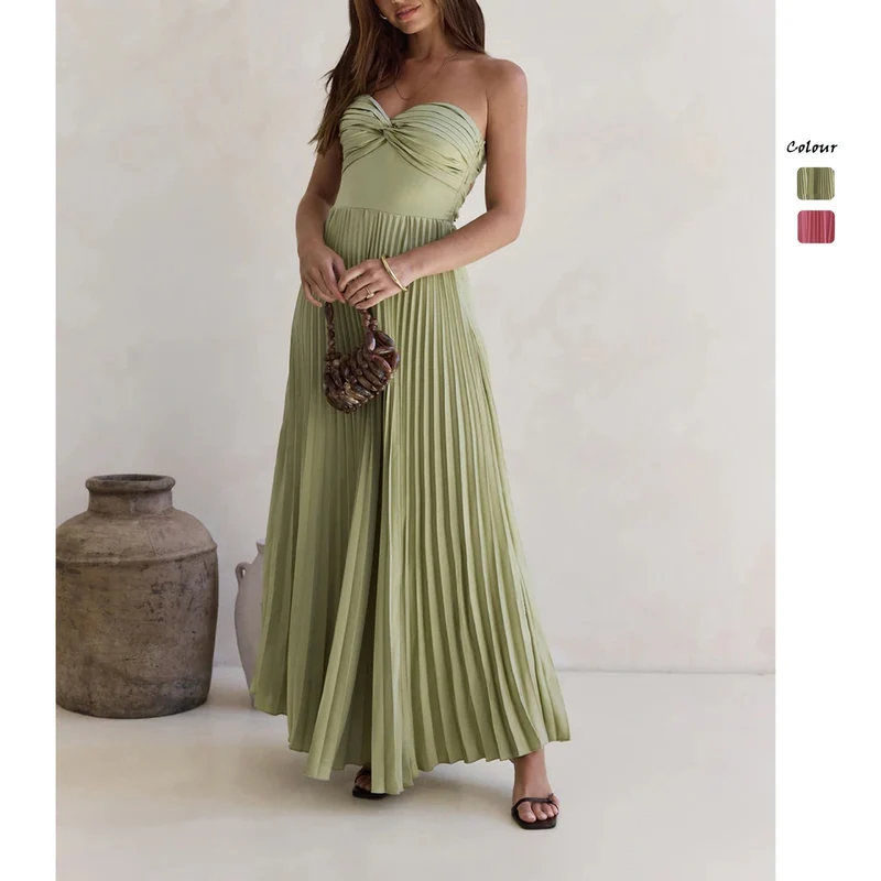 Damen Langärmliges Plisseekleid mit elegantem Oberteil und fließendem Rock