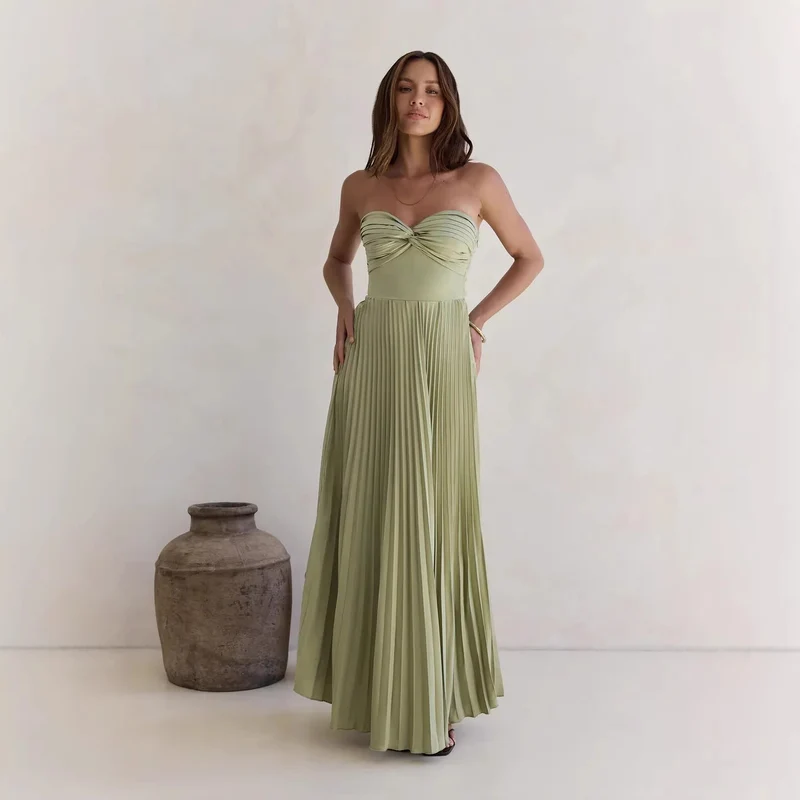 Damen Langärmliges Plisseekleid mit elegantem Oberteil und fließendem Rock