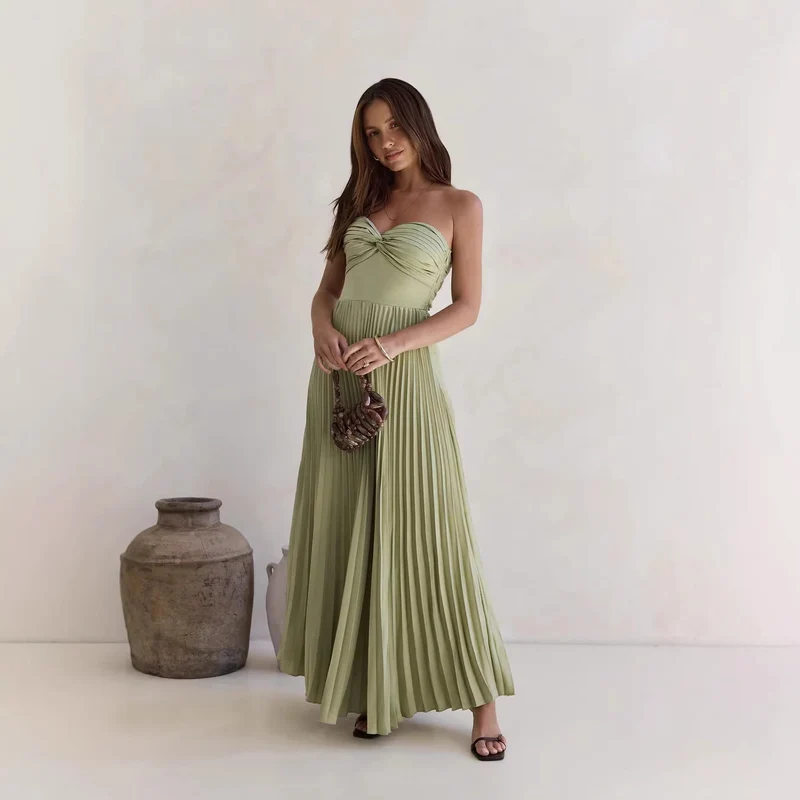 Damen Langärmliges Plisseekleid mit elegantem Oberteil und fließendem Rock