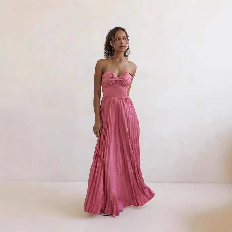 Damen Langärmliges Plisseekleid mit elegantem Oberteil und fließendem Rock