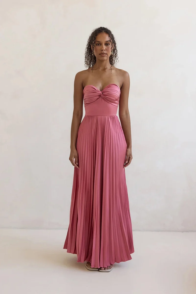 Damen Langärmliges Plisseekleid mit elegantem Oberteil und fließendem Rock