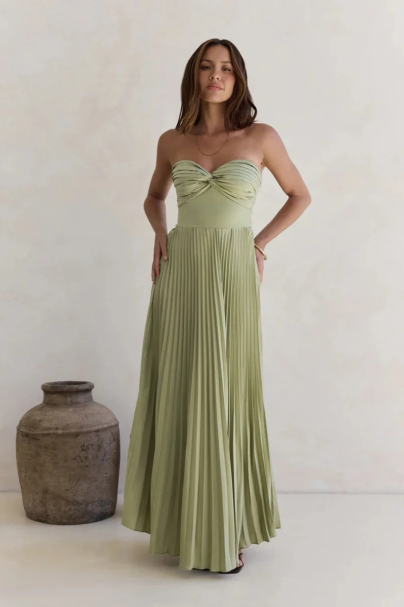 Damen Langärmliges Plisseekleid mit elegantem Oberteil und fließendem Rock