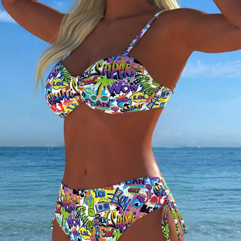 Damen Bandeau-Bikini mit hoch taillierten Höschen und lNord Taschenhaftem Paisleymuster