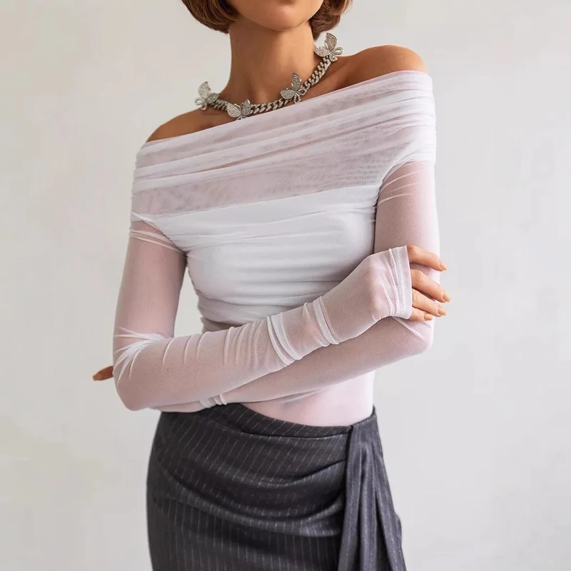 Damen Off-Shoulder Langarmshirt aus leicht transparentem Stoff mit raffiniertem Drapierungseffekt
