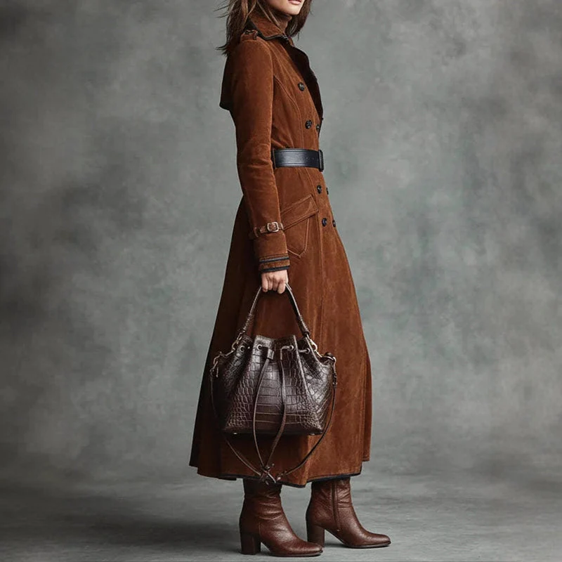 Langer Wildleder-Style Trenchcoat mit Doppelreihigem Design - Arvani