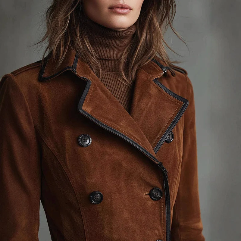 Langer Wildleder-Style Trenchcoat mit Doppelreihigem Design - Arvani