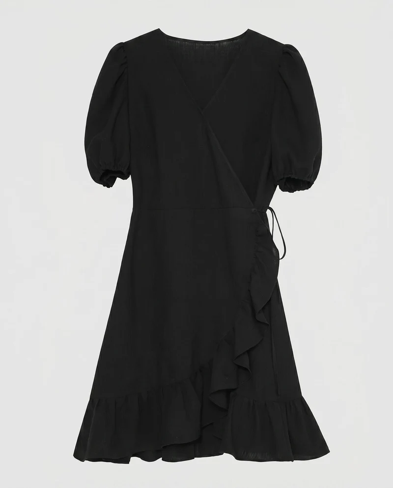 Damen Wickelkleid mit Rüschendetails und volumigen Puffärmeln