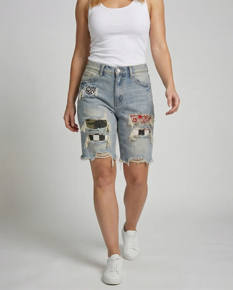 Damen Denim-Bermuda Tailliert Destroyed Patchwork