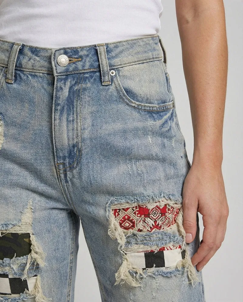 Damen Denim-Bermuda Tailliert Destroyed Patchwork