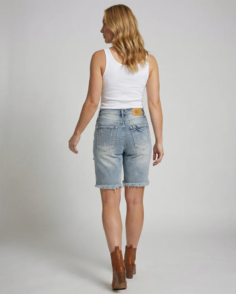 Damen Denim-Bermuda Tailliert Destroyed Patchwork