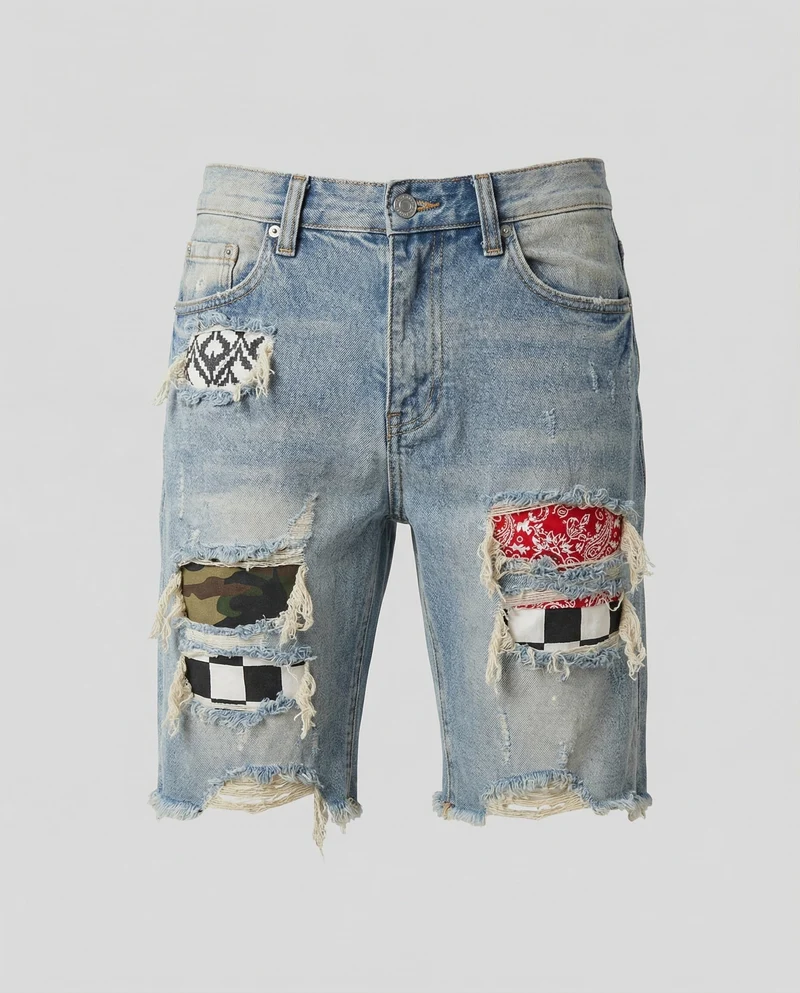 Damen Denim-Bermuda Tailliert Destroyed Patchwork