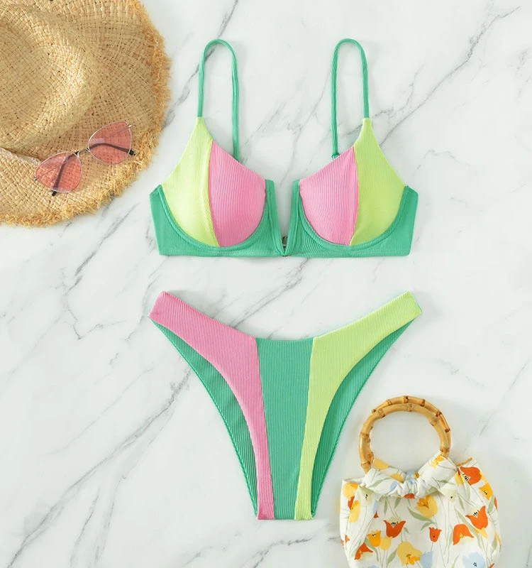 Damen Bikini-Set mit trendigem Farbblockdesign und verstellbaren Trägern