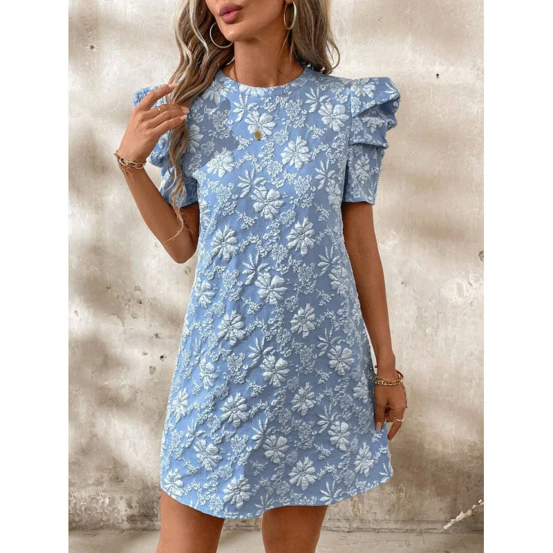Damen Kurzarmkleid mit voluminiösen Ärmeln und floralen Stickereien