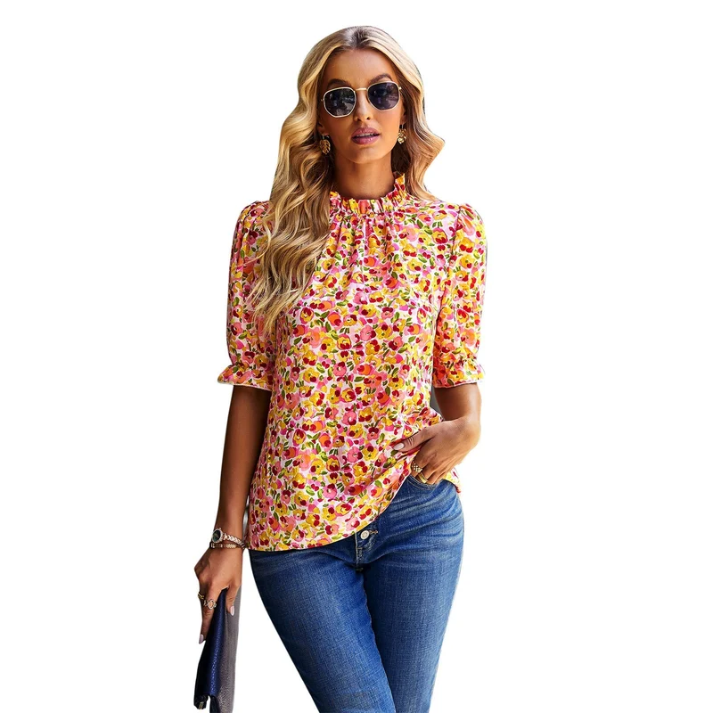Damen Bluse mit Verspieltem Blumendesign und Puffärmeln
