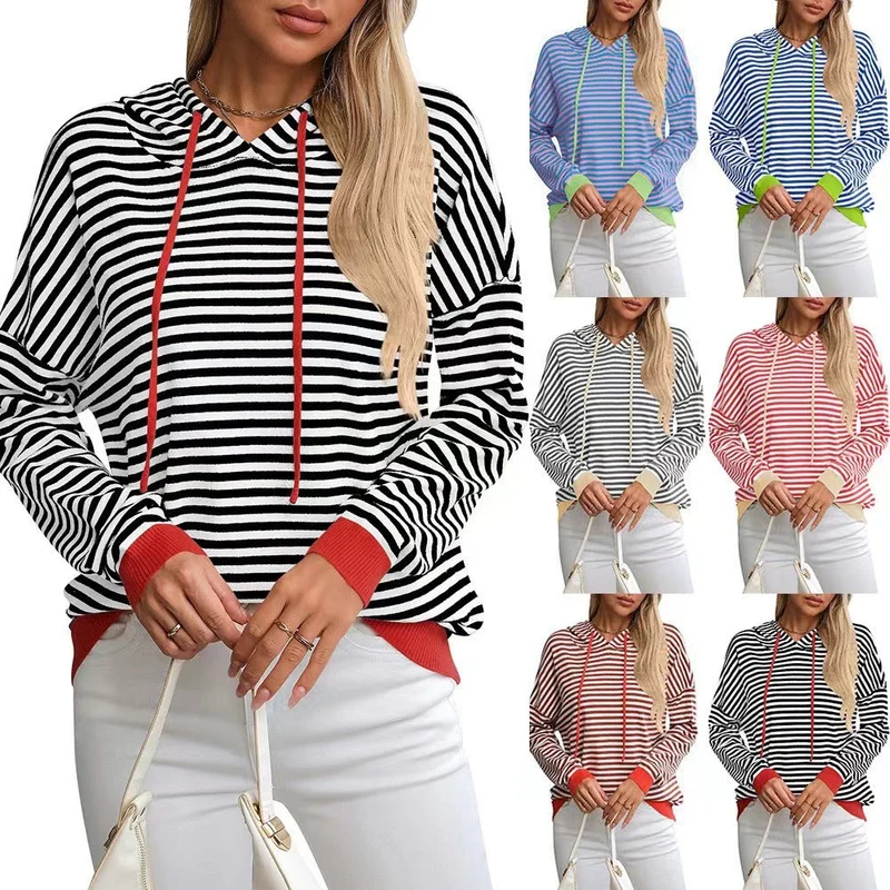 Damen lässiger Kapuzenpullover mit buntem Streifenmuster