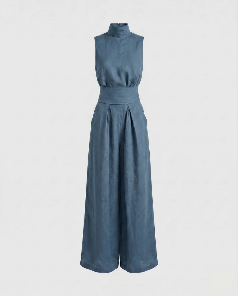 Damen Luftiger Jumpsuit mit hohem Kragen und weitem Bein Nord Taschen