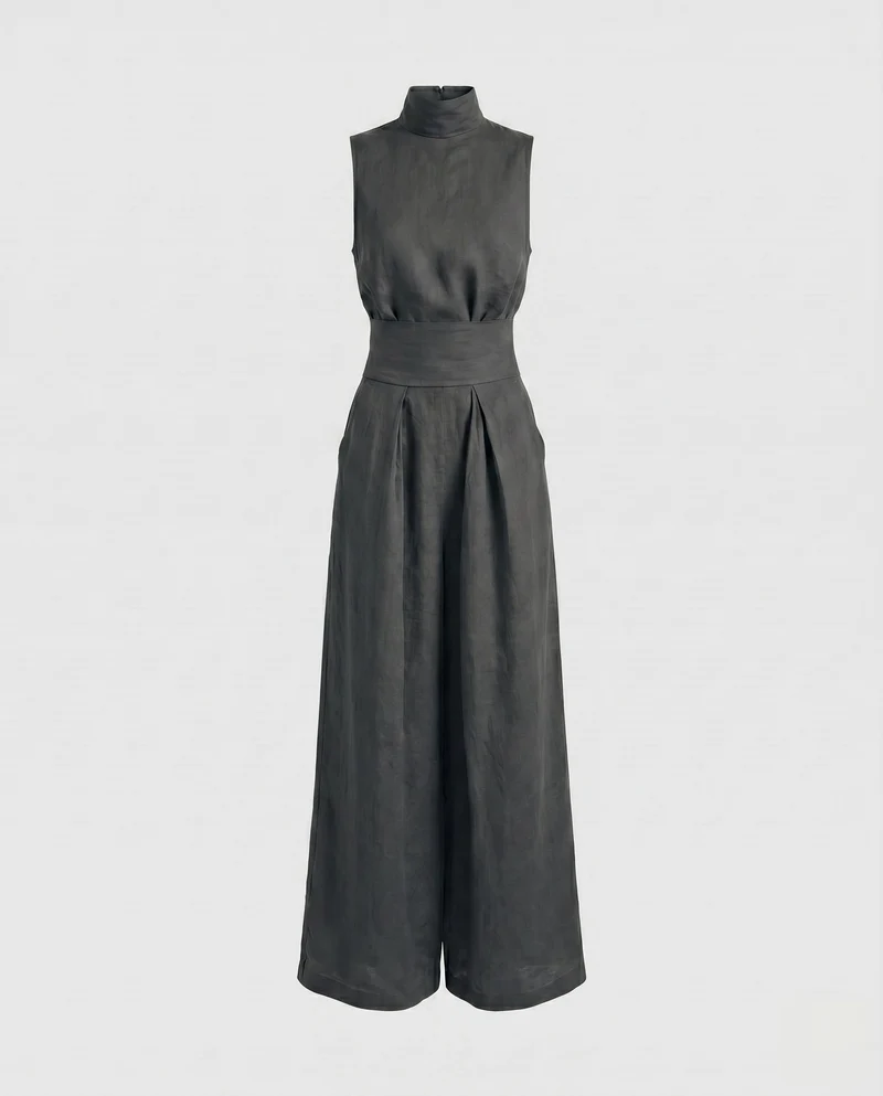 Damen Luftiger Jumpsuit mit hohem Kragen und weitem Bein Nord Taschen