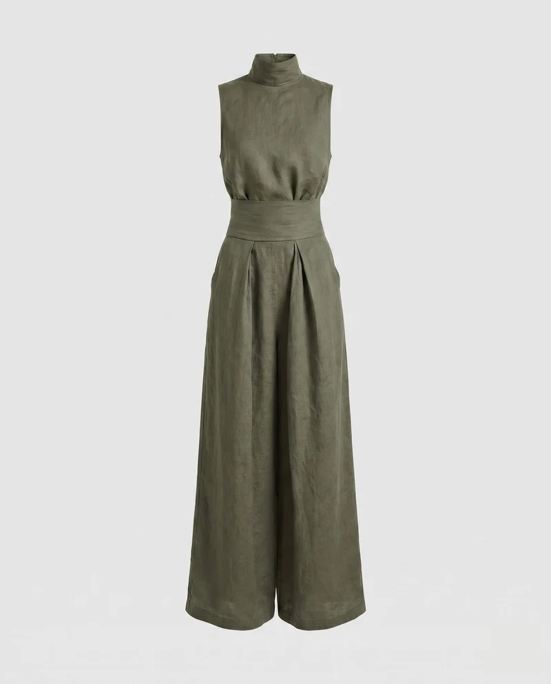 Damen Luftiger Jumpsuit mit hohem Kragen und weitem Bein Nord Taschen