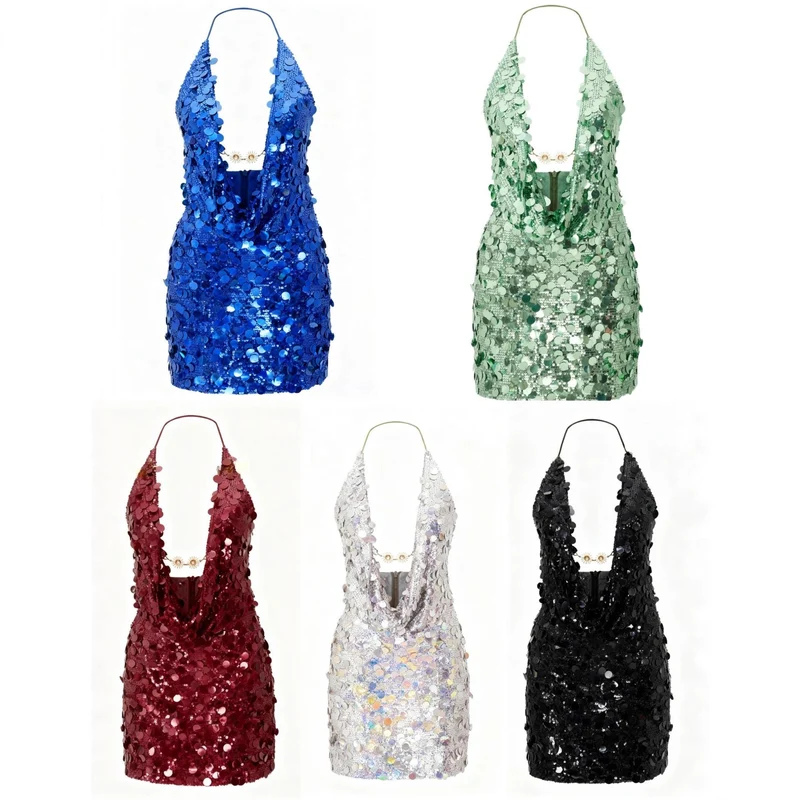 Damen Glitzerndes Minikleid mit tiefem V-Ausschnitt und Troddel-Applikationen Nord Taschen