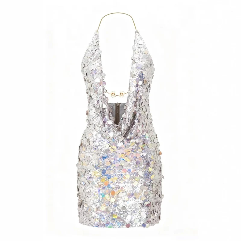 Damen Glitzerndes Minikleid mit tiefem V-Ausschnitt und Troddel-Applikationen Nord Taschen