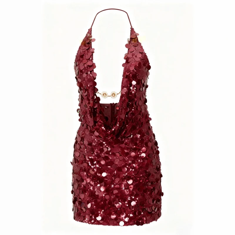 Damen Glitzerndes Minikleid mit tiefem V-Ausschnitt und Troddel-Applikationen Nord Taschen