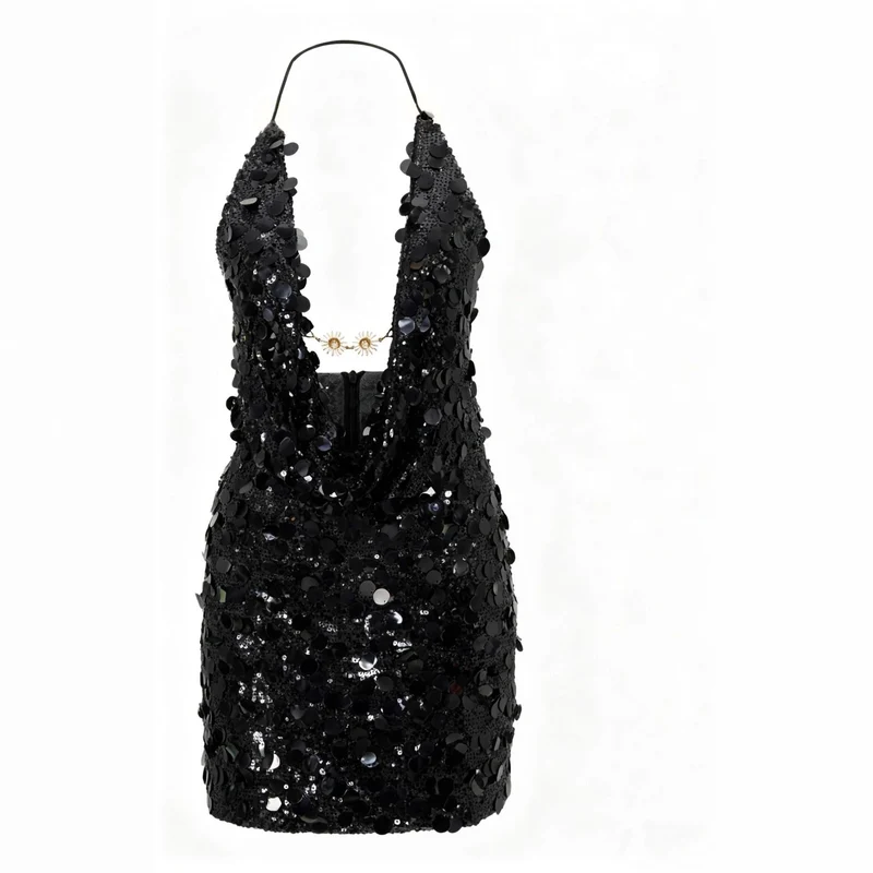 Damen Glitzerndes Minikleid mit tiefem V-Ausschnitt und Troddel-Applikationen Nord Taschen
