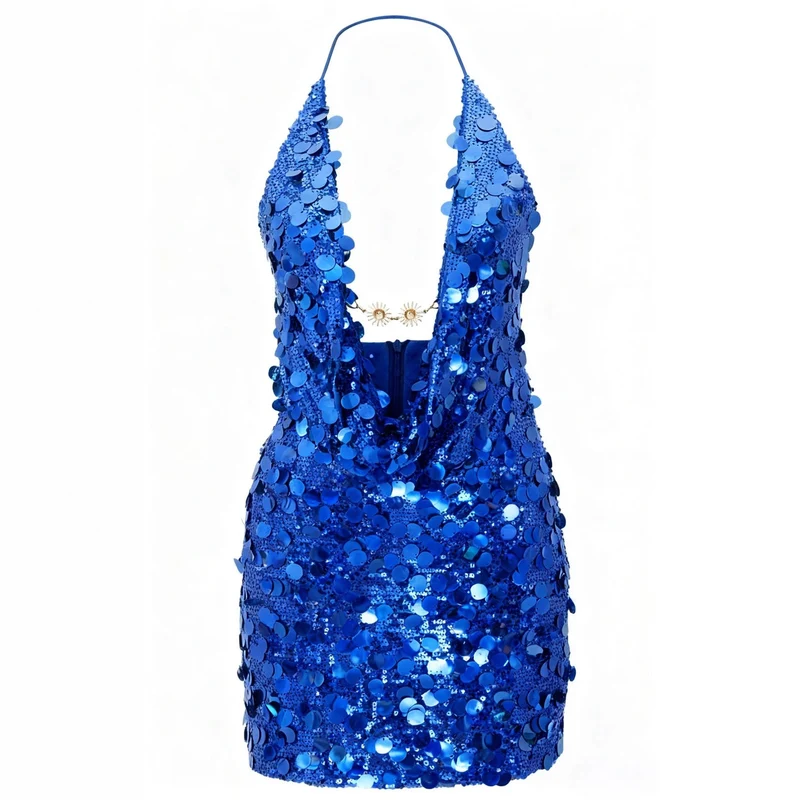 Damen Glitzerndes Minikleid mit tiefem V-Ausschnitt und Troddel-Applikationen Nord Taschen