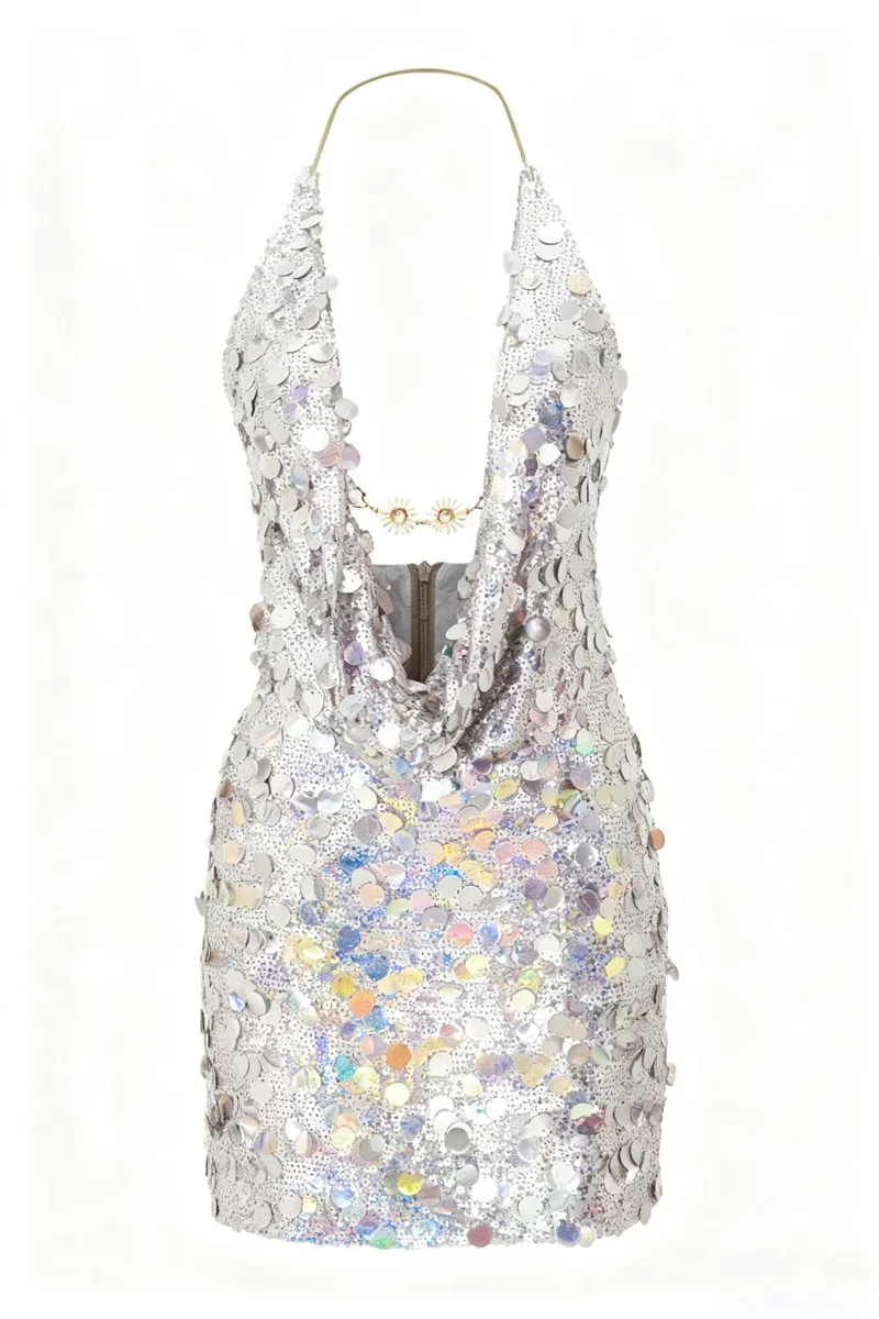 Damen Glitzerndes Minikleid mit tiefem V-Ausschnitt und Troddel-Applikationen Nord Taschen