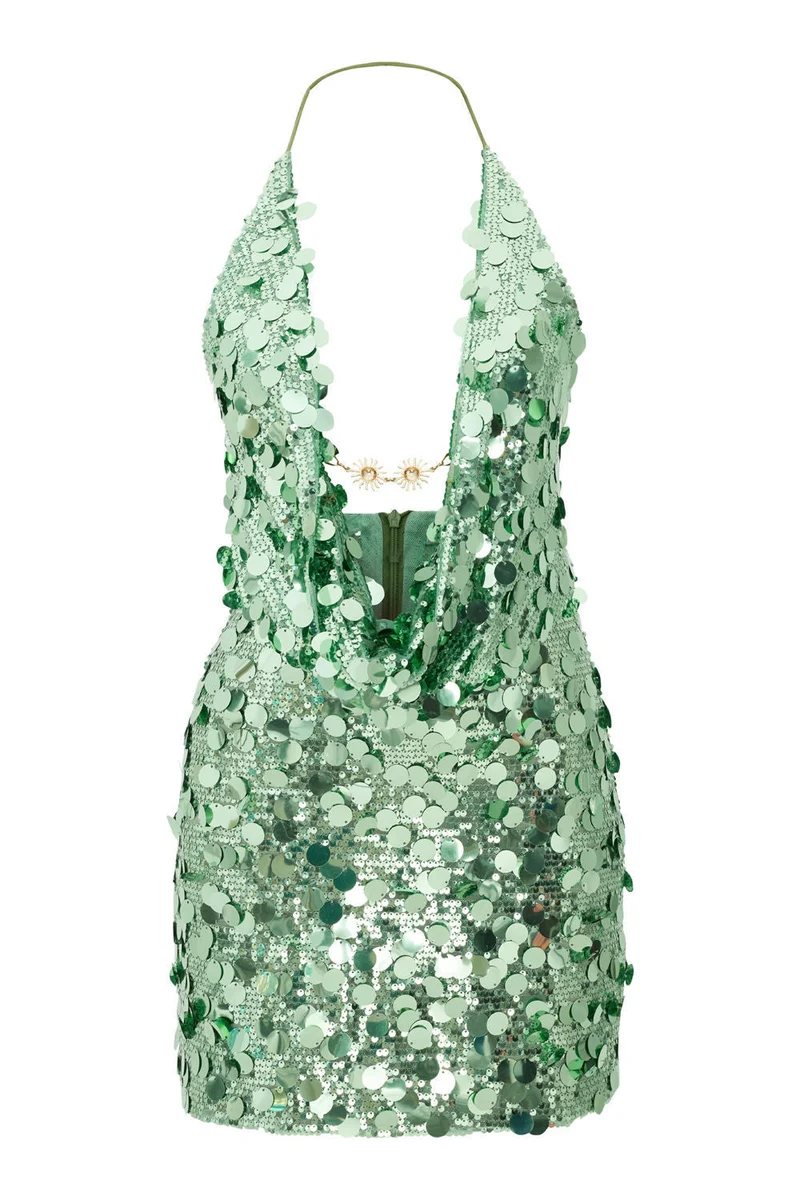 Damen Glitzerndes Minikleid mit tiefem V-Ausschnitt und Troddel-Applikationen Nord Taschen