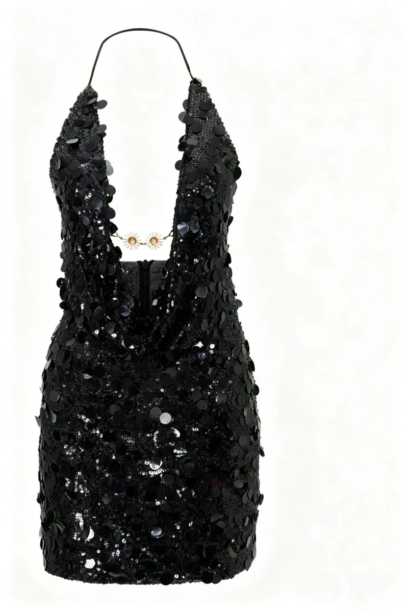 Damen Glitzerndes Minikleid mit tiefem V-Ausschnitt und Troddel-Applikationen Nord Taschen