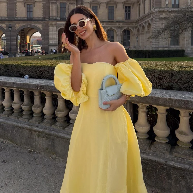 Damen Off-Shoulder Maxikleid mit voluminösen Ärmeln und elegantem Schnitt Nord Taschen