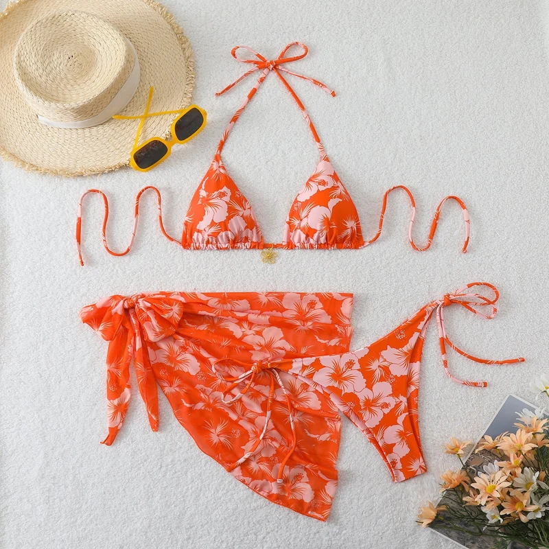Damen Triangel-Bikini-Set mit Wickelrock und floralem Design