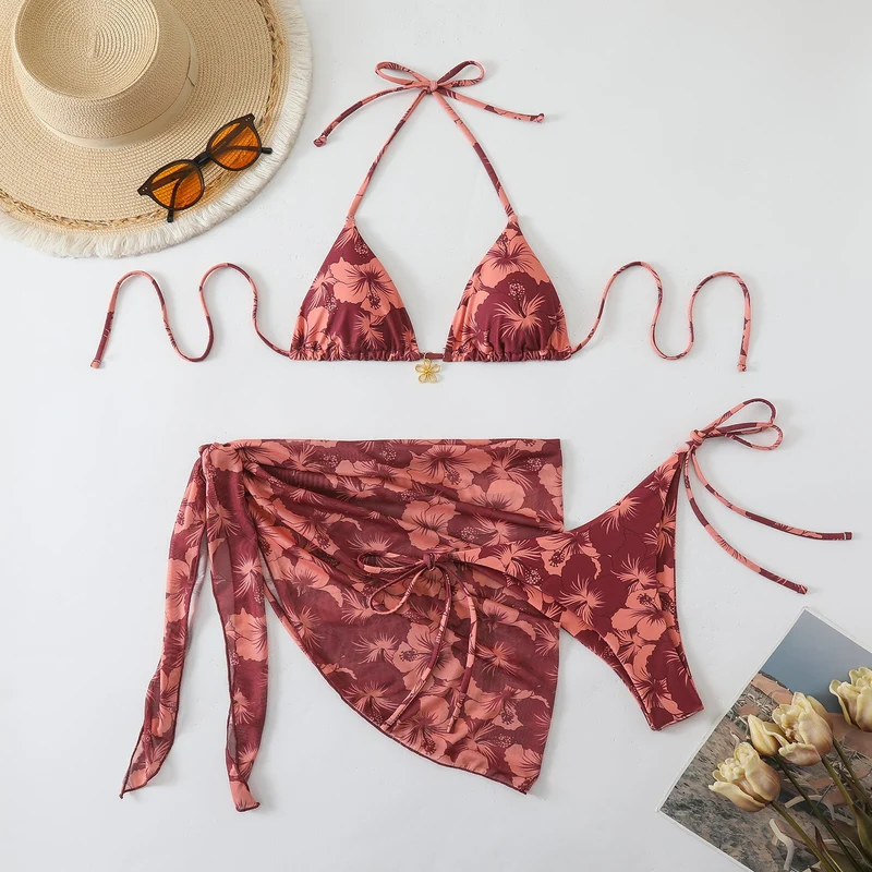 Damen Triangel-Bikini-Set mit Wickelrock und floralem Design