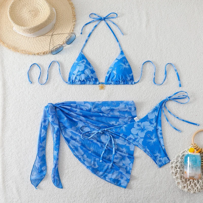 Damen Triangel-Bikini-Set mit Wickelrock und floralem Design
