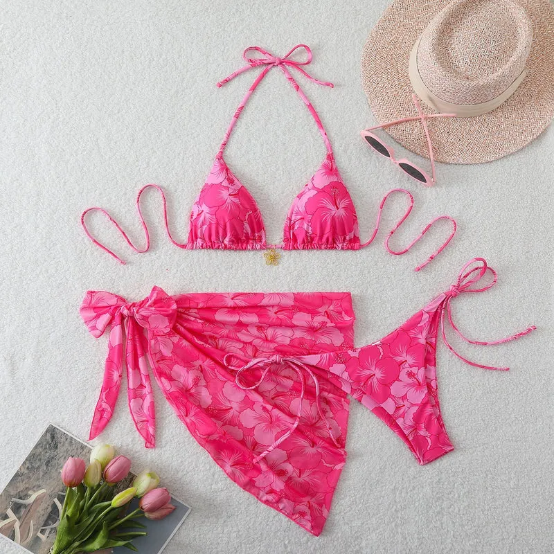 Damen Triangel-Bikini-Set mit Wickelrock und floralem Design
