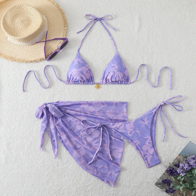 Damen Triangel-Bikini-Set mit Wickelrock und floralem Design