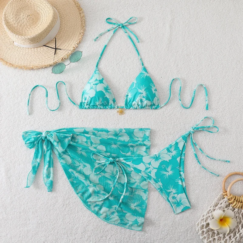 Damen Triangel-Bikini-Set mit Wickelrock und floralem Design