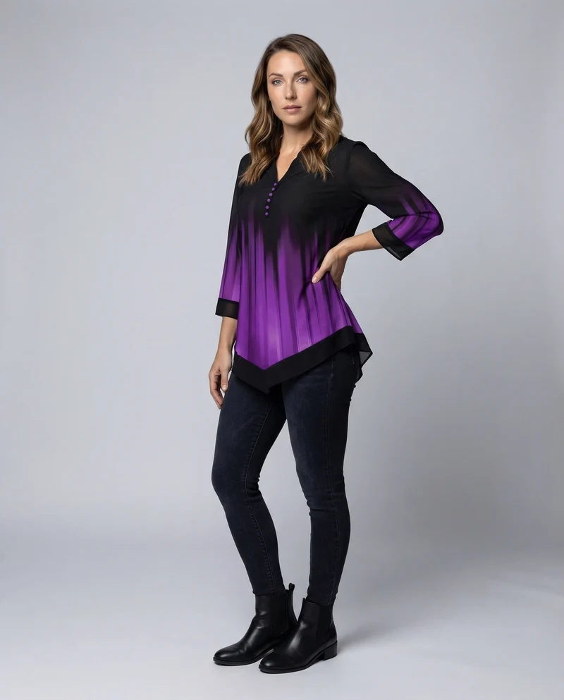 Damen Ombre-Longbluse Faltenoptik Zipfelsaum