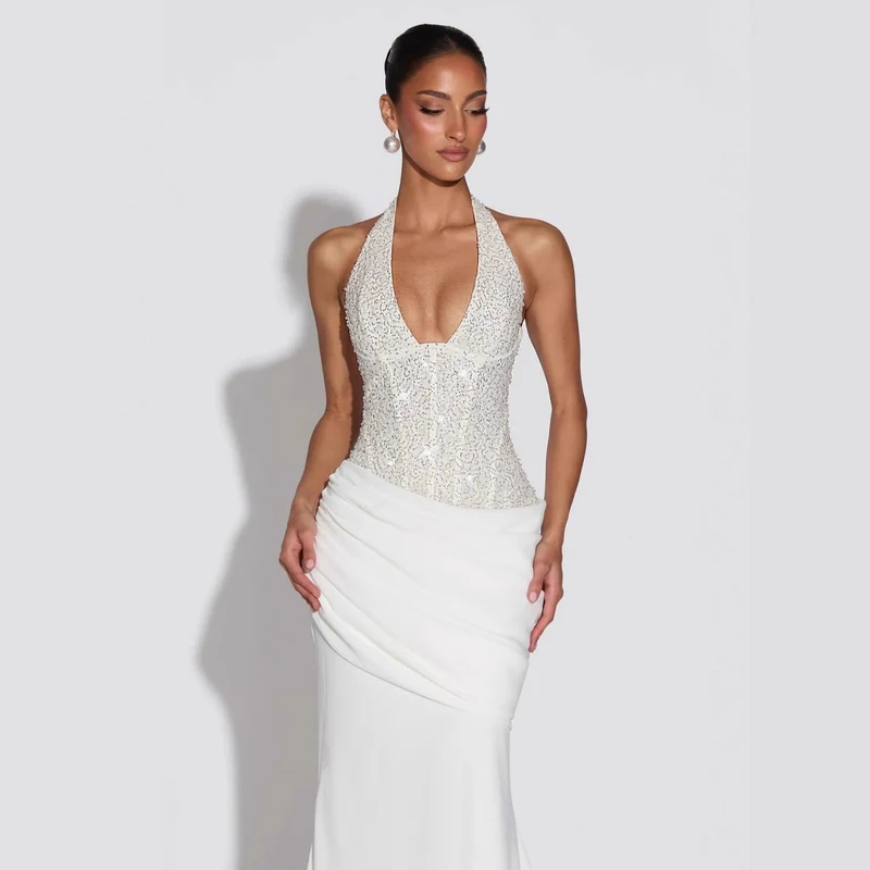 Damen Glamouröses Abendkleid mit tiefem V-Ausschnitt und dekorativen Pailletten