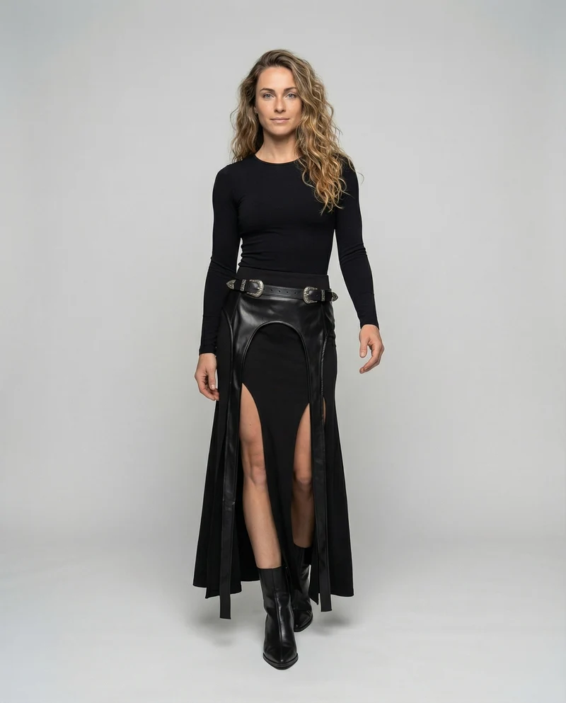 Damen Urbane Kunstleder-Latzbesatz MischgewNord Taschene Maxirock