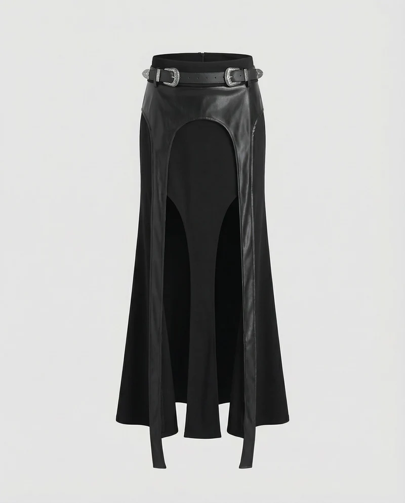 Damen Urbane Kunstleder-Latzbesatz MischgewNord Taschene Maxirock